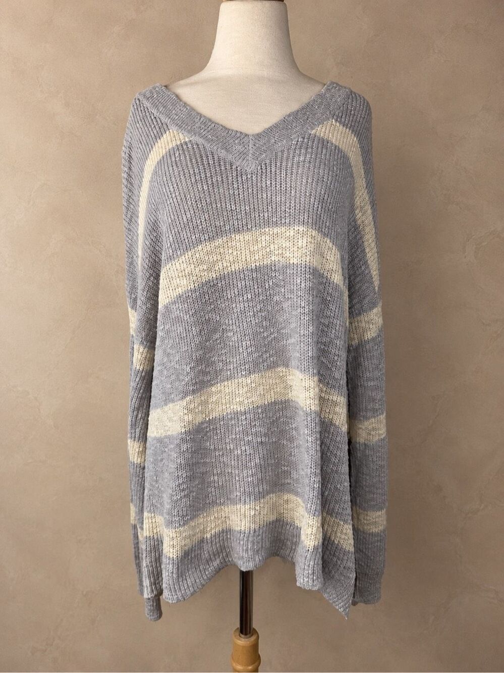 Sonoma XL Gray Cream Striped Cotton Open Knit Oversized V Neck Sweater